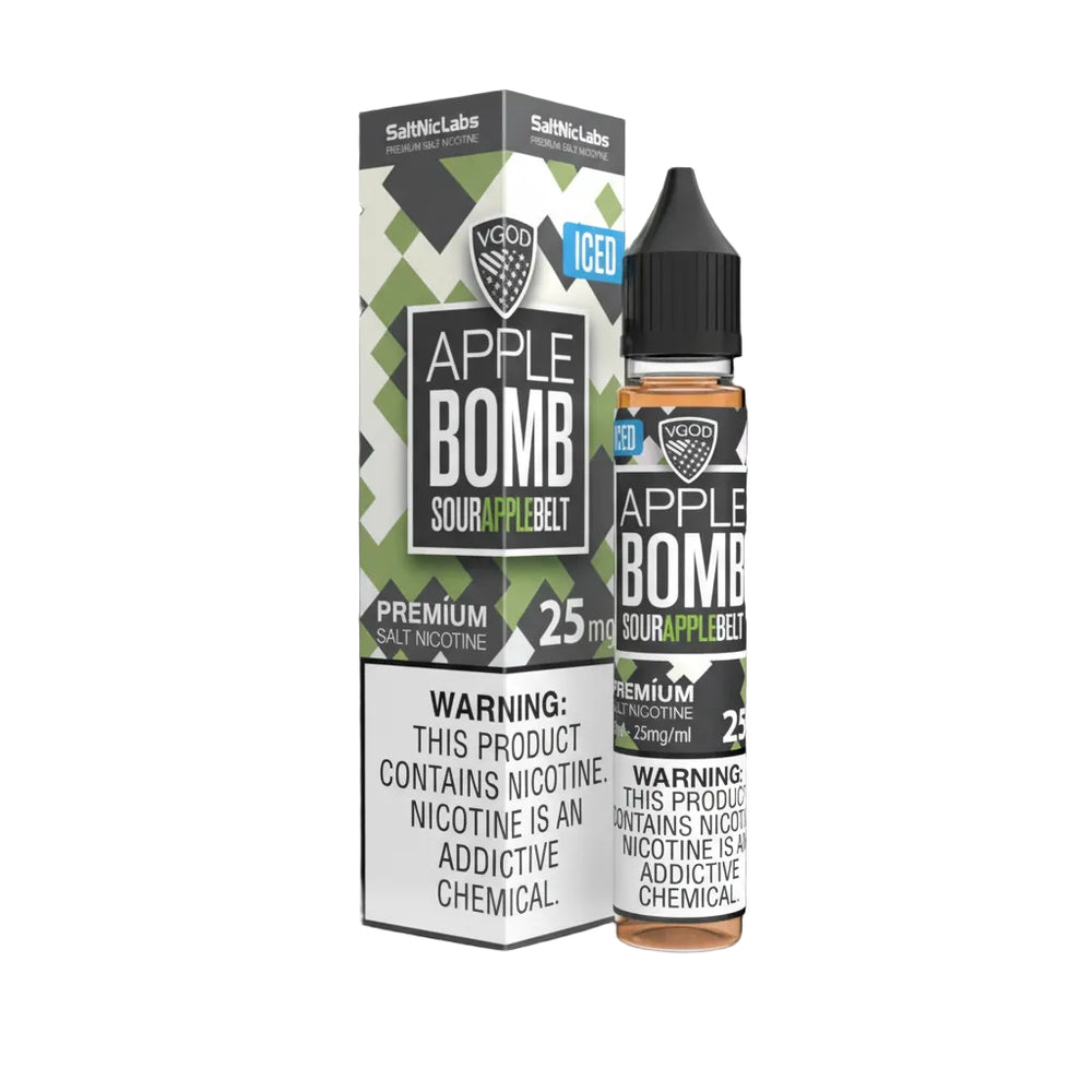 Vape juice packaging with 'Apple Bomb' flavor on a white background, featuring a warning label about nicotine.