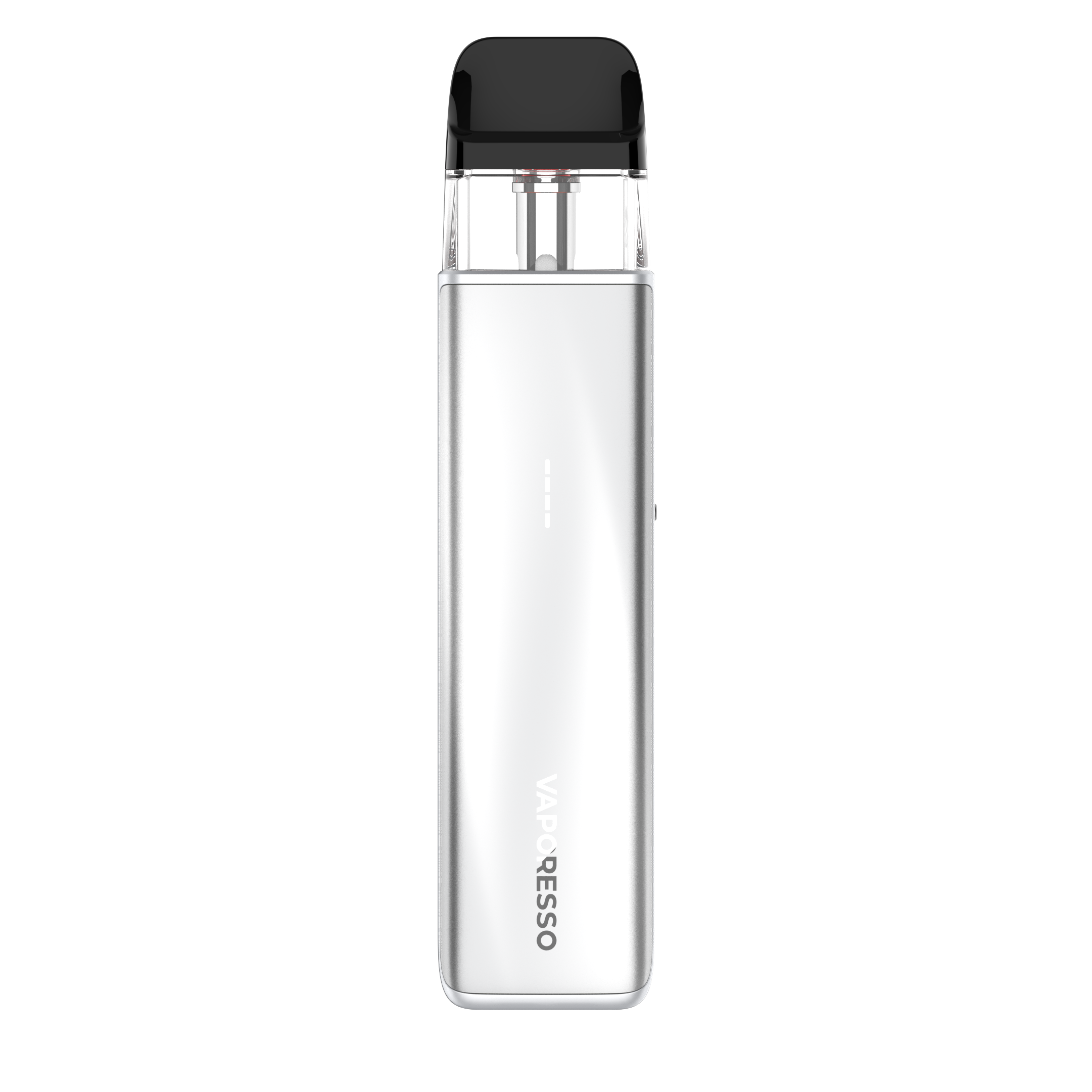 Clear water bottle with black cap on a white background