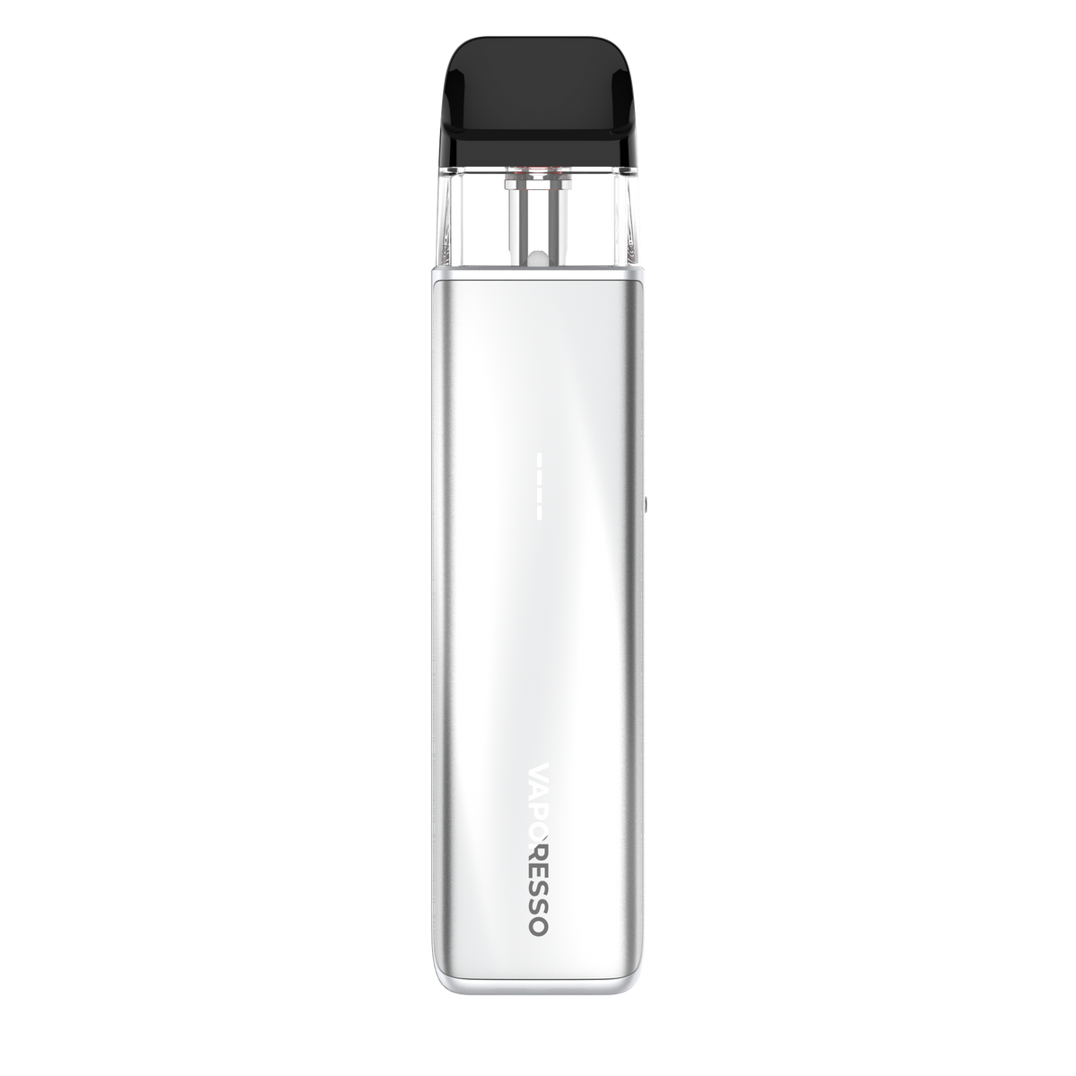 Clear water bottle with black cap on a white background