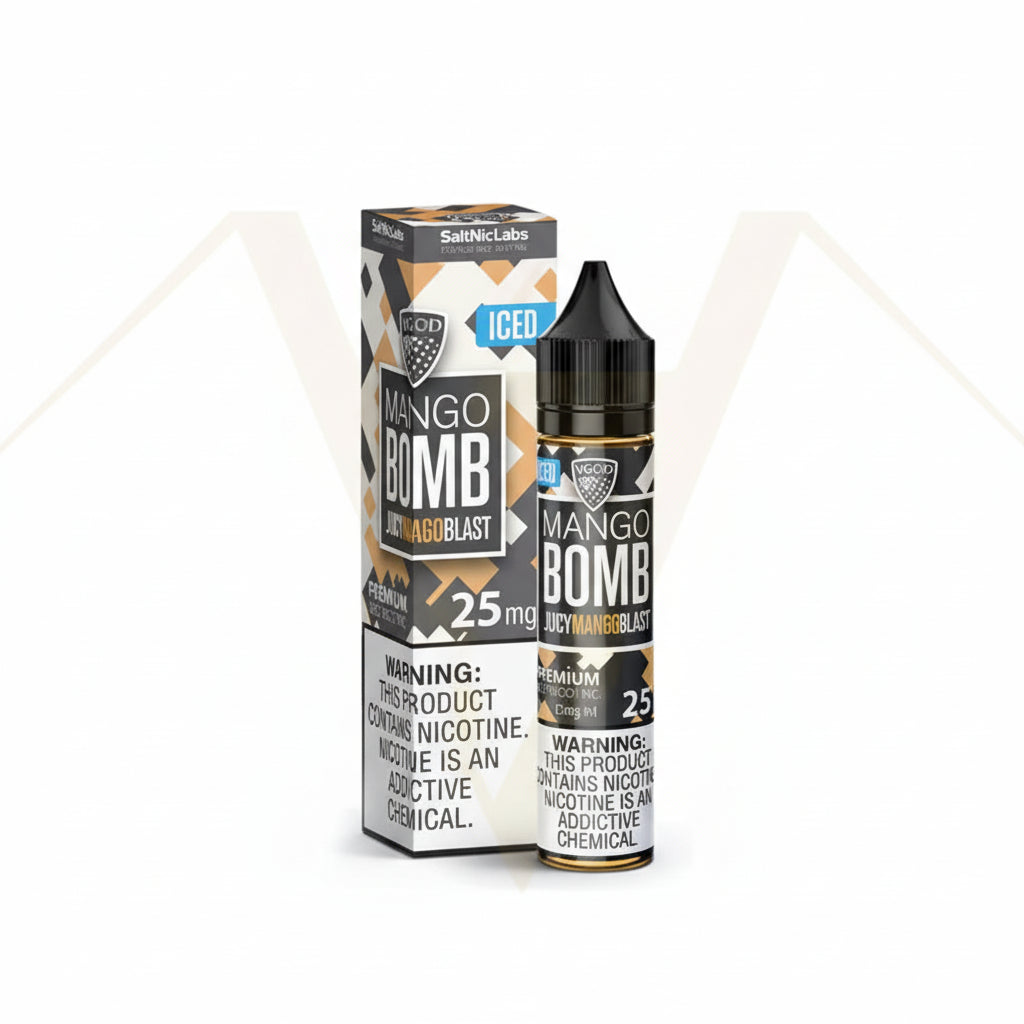 Mango Bomb vape device with packaging on a white background