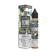 Vape juice packaging with 'Apple Bomb' flavor on a white background, featuring a warning label about nicotine.